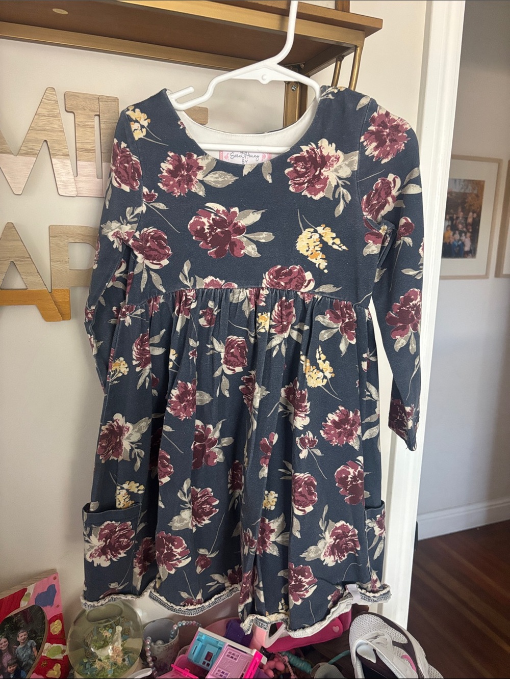 SweetHoney Charcoal Floral Long-Sleeve Dress with Burgundy and Cream Flowers